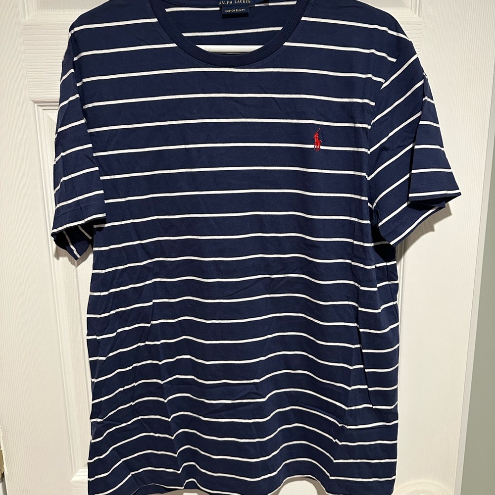 Polo by Ralph Lauren Men's Blue and White Striped Tee